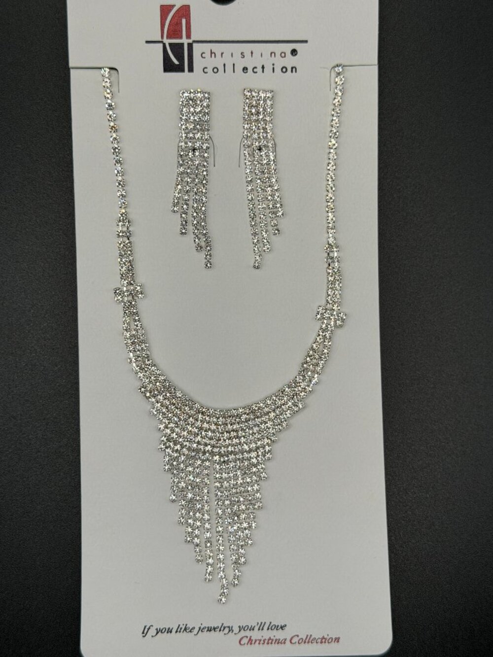 Christina Collection Silver Tone Rhinestone Fringe Statement Necklace & Earrings
